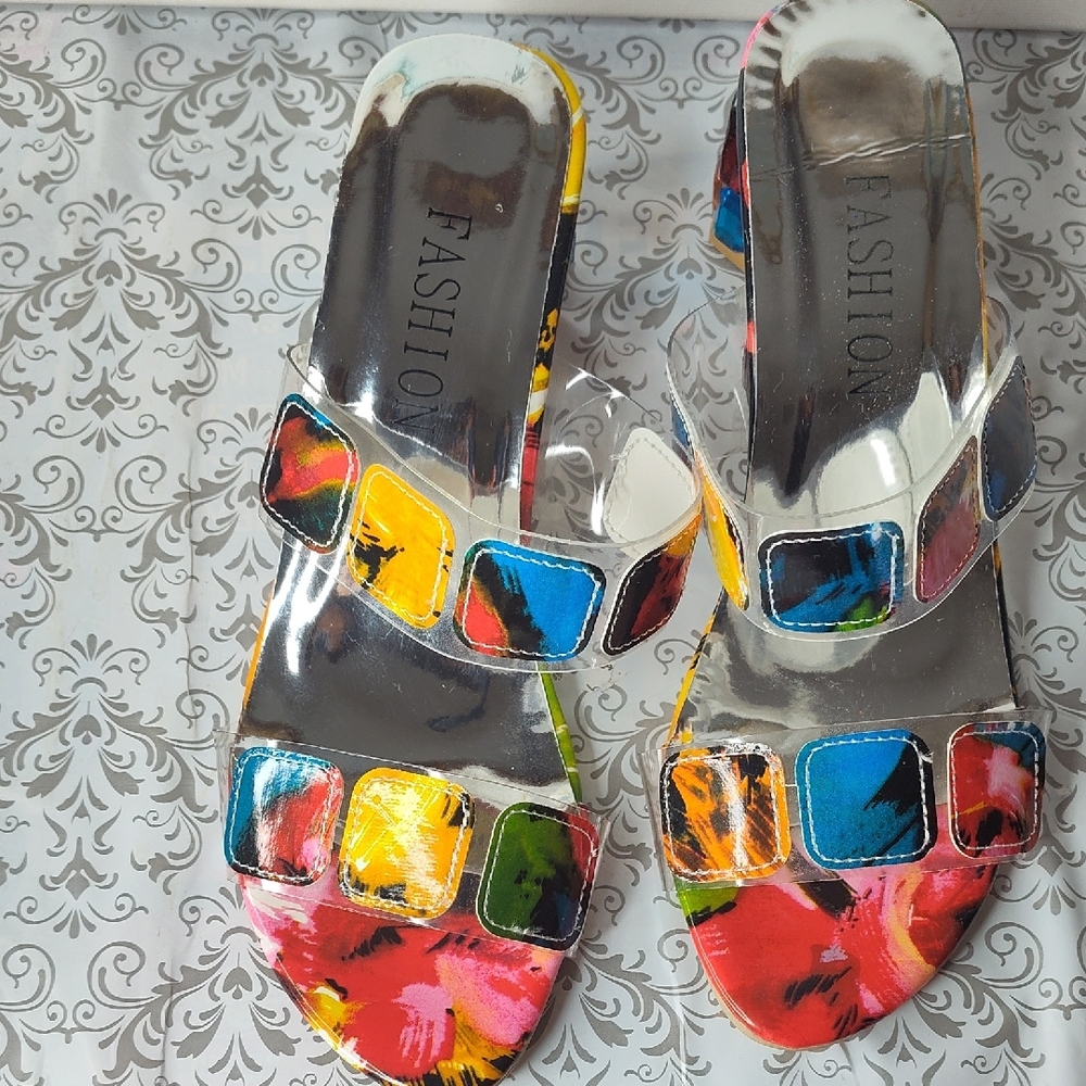 Fashion Multicolor Jeweled Block Heel Slides Slip On Shoes Sandals Size 8 / 39